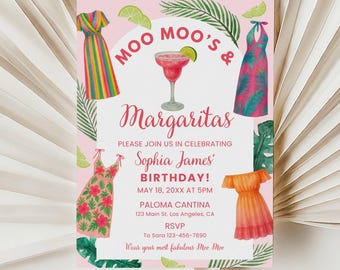 Moo Moos & Margaritas Birthday Invitation Template, Muu Muus and Margs Girls Night Invite, Cocktail Party Ladies Night Invite, Pajama Party