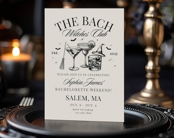 Witchy vrijgezellenfeest uitnodiging & reisschema sjabloon, Halloween Bach Weekend invite, Bride or Die till Death do us Party Gothic Bach