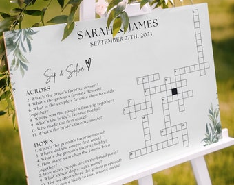 Custom Wedding Crossword Puzzle Sign, Wedding Sip and Solve Crossword Template, Personalized Bridal Shower Crossword Wedding Games Poster