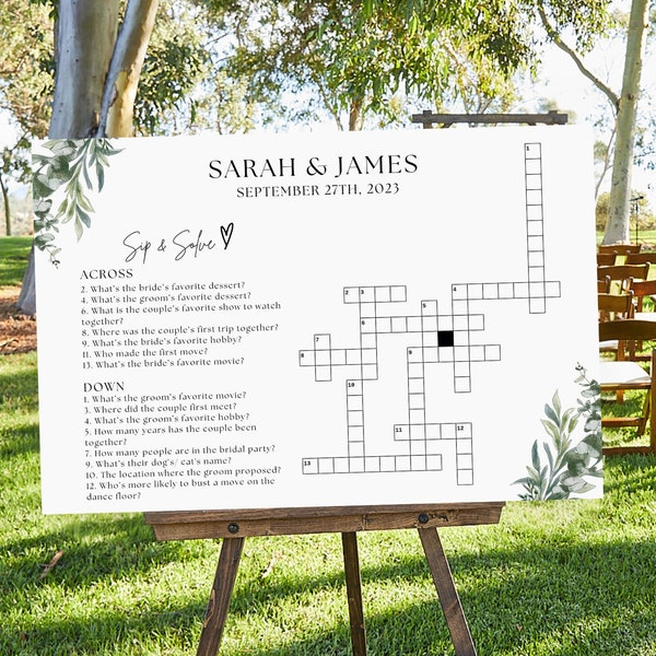 Custom Wedding Crossword Puzzle Sign, Wedding Sip and Solve Crossword Template, Personalized Bridal Shower Crossword Wedding Games Poster