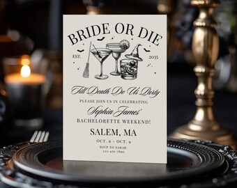 Witchy vrijgezellenfeest uitnodiging & reisschema sjabloon, Halloween Bach Weekend invite, Bride or Die till Death do us Party Gothic Bach