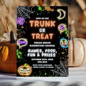 Trunk and Treat Halloween Flyer Template, Kids Halloween Party Invite, School Neighborhood Church Trunk or Treat Event Invitation Printable