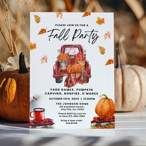 以下が含まれることがあります： 10月12日午後12時に、庭ゲーム、かぼちゃの彫刻、焚き火、マシュマロを楽しむ秋のパーティーへの招待状です。赤いトラックには、かぼちゃ、かぼちゃ、秋の葉っぱが積まれています。パーティーは、The Johnson Home、123 Anywhere Street、Any City、CA 13345で開催されます。