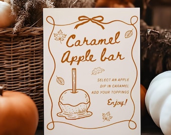 Caramel Apple Bar Sign, Fall Apple Bar Print, Candy Apple Bar Menu Template Poster, Halloween Kids Adult Party Activity Table Sign Decor
