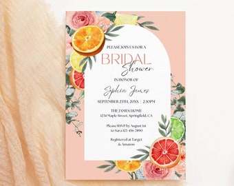 Citrus Bridal Shower Invitation Template, Orange and Lemon Bridal Shower Invite, Mediterranean Wedding Shower Modern Shower Decor Printable