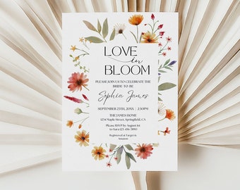 Bridal Shower Invitation Template, Floral Bridal Shower Invite, Love in Bloom Wedding Shower, Modern Boho Wildflower Shower Decor Printable