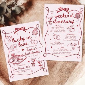 Plantilla de invitación e itinerario para despedida de soltera "Suerte en el amor", invitación dibujada a mano para fin de semana de despedida de soltera en Las Vegas, viaje de chicas al casino
