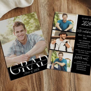 Graduation Invitation 2024 Template, Senior Graduate Announcement, Black Modern Photo Graduation Party Invite, Boys Graduation Card Editable