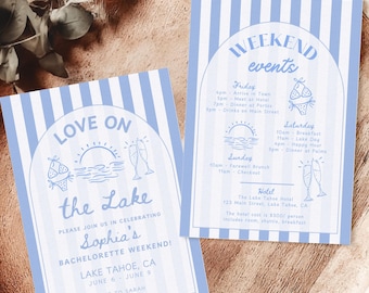 Plantilla de invitación e itinerario para despedida de soltera "Amor en el lago", invitación de fin de semana de despedida de soltera en la playa del lago dibujada a mano, viaje de chicas al campamento "Bachillerato"