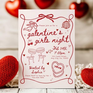 Galentine's Day Einladung Vorlage, Valentines Party Girls Night Party einladen, rosa wunderliche Hand gezeichnete Galentines einladen Brunch Printable