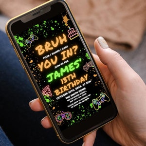 Bruh you In Neon 13th Birthday Invitation Template, Digital Video Game Thirteen Bday Invite Animated Teenager Boy 13th Birthday Invite Phone