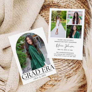 Modello di invito alla laurea Grad Era, annuncio di laurea, invito alla festa di laurea moderna, biglietto di laurea con foto ad arco modificabile