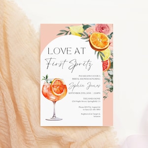 Modelo de convite para chá de panela Aperol Spritz, convite para chá de panela Love at First Spritz, papel de carta para chá de panela Spritz para chá de casamento cítrico