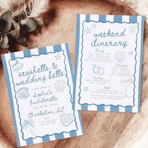 Seashells and Wedding Bells Bachelorette Party Invitation & Itinerary Template Hand Drawn Coastal Beach Bach Party Weekend Invite Girls Trip