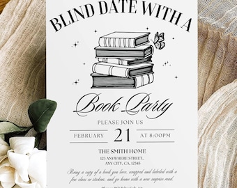 Modello di invito per festa di appuntamento al buio con un libro, invito per festa di scambio di libri, invito per serata di lettura per ragazze, invito per libro sulle cose preferite