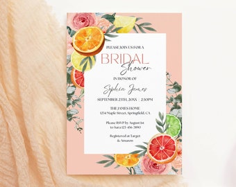 Citrus Bridal Shower Invitation Template, Orange and Lemon Bridal Shower Invite, Mediterranean Wedding Shower Modern Shower Decor Printable
