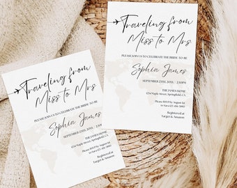 Bridal Shower Invitation Template, Traveling from Miss to Mrs Bridal Shower Invite Travel Theme Wedding Shower Modern Shower Decor Printable