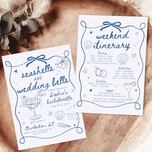 Seashells and Wedding Bells Bachelorette Party Invitation & Itinerary Template Hand Drawn Coastal Beach Bach Party Weekend Invite Girls Trip