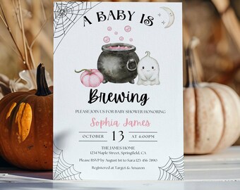 Baby is Brewing Baby Shower Invitation Template, Halloween Baby Shower Invite, Girl Baby Brunch Invite Spooky Cauldron Editable Printable