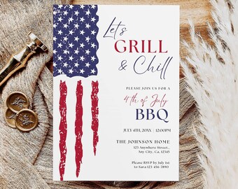 May include: A white invitation card with a red, white, and blue American flag graphic. The text on the card reads "Let's Grill & Chill" and "Please join us for a 4th of July BBQ".