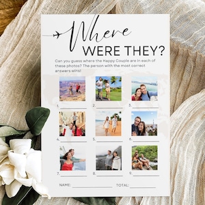 Where Were They Bridal Game, Modern Minimalist Photo Guessing Game Template, Couples Shower Game Travel Theme Wedding Shower Game Editable