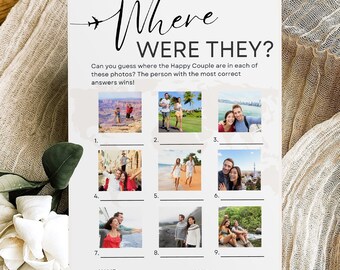 Where Were They Bridal Game, Modern Minimalist Photo Guessing Game Template, Couples Shower Game Travel Theme Wedding Shower Game Editable