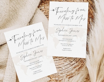 Bridal Shower Invitation Template, Traveling from Miss to Mrs Bridal Shower Invite Travel Theme Wedding Shower Modern Shower Decor Printable