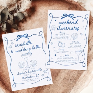 Seashells and Wedding Bells Bachelorette Party Invitation & Itinerary Template Hand Drawn Coastal Beach Bach Party Weekend Invite Girls Trip