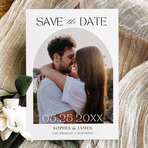 Moderne minimalistische Speichern Sie die Datumsvorlage, Bogen Foto speichern die Datum einladen, Bild speichern die Datumskarte, Foto Hochzeit bearbeitbar druckbar