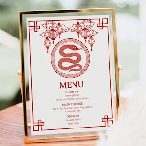 Modelo de menu para festa de ano novo chinês de 2025, menu para festa de ano novo lunar, placa de comida de celebração chinesa do ano da cobra editável para impressão