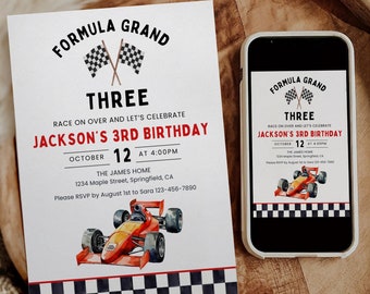 Invitación a la fiesta del tercer cumpleaños, plantilla de invitación a la fiesta de carreras, decoración para la fiesta del tercer cumpleaños de autos de carrera, invitación a la fiesta de autos editable e imprimible