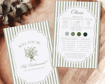 Bridesmaid Proposal Card Template, Sage Green Will You Be My Bridesmaid Card, Vintage Floral Maid of Honor Proposal Info Invite Editable
