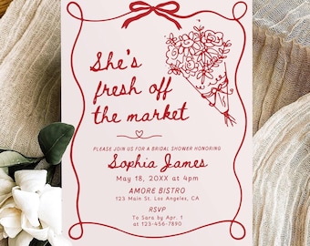 Modèle d'invitation de douche nuptiale fraîchement sorti du marché, invitation de douche de mariage du marché fermier, invitation brunch nuptiale rose dessiné à la main modifiable