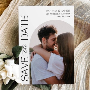 Moderne minimalistische Speichern Sie die Datumsvorlage, Bogen Foto speichern die Datum einladen, Bild speichern die Datumskarte, Foto Hochzeit bearbeitbar druckbar
