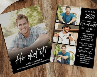 Graduation Invitation 2025 Template, Senior Graduate Announcement, Black Modern Photo Graduation Party Invite, Boys Graduation Card Editable