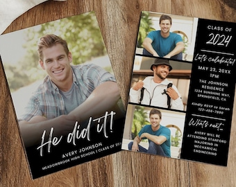 Graduation Invitation 2024 Template, Senior Graduate Announcement, Black Modern Photo Graduation Party Invite, Boys Graduation Card Editable