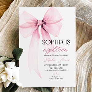 Pink Bow 18th Birthday Party Invitation Template, Girl Coquette Birthday Invite, 18 Eighteenth Birthday Dinner Celebration Invite Printable