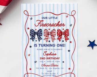 All American 1st Birthday Party Invitation Template, 4th of July Birthday Invite Drawn Little Firecracker Independence Day First Bday Invite
