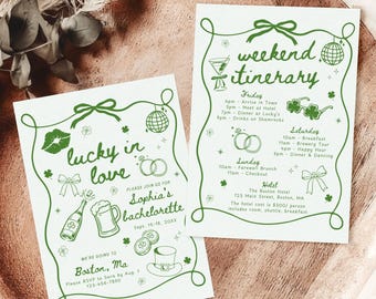 Lucky In Love Bachelorette Party Invitation & Itinerary Template, Drawn St. Patrick's Day Bach Weekend Invite, Irish Bachelorette Girls Trip
