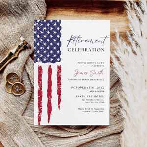 Plantilla de invitación a la fiesta de jubilación, anuncio de jubilación de la bandera estadounidense, tarjeta de invitación a la celebración de la jubilación de la Marina militar de la policía, editable