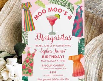 Moo Moos & Margaritas Birthday Invitation Template, Muu Muus and Margs Girls Night Invite, Cocktail Party Ladies Night Invite, Pajama Party