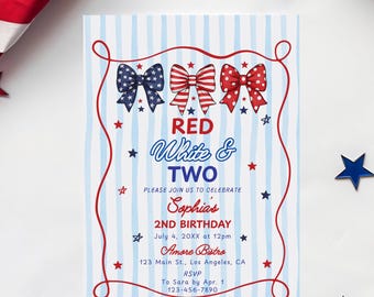 May include: A patriotic birthday invitation with red, white, and blue bow accents and text. The invitation reads "Red, White & Two" and includes event details. American flags and star decorations surround the invitation.