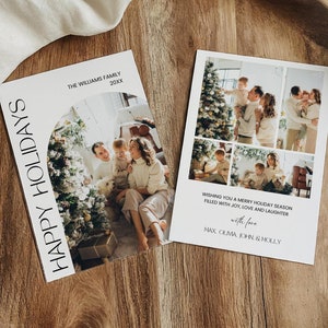 Plantilla de tarjeta fotográfica navideña, tarjeta navideña con resumen del año, tarjeta navideña con foto familiar imprimible, boletín informativo navideño con foto de Arch editable