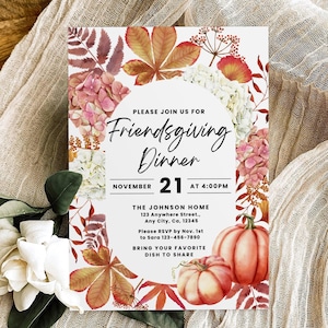 Friendsgiving Invitation Template, Thanksgiving Party Invite, Friendsgiving Dinner Invitation, Autumn Fall Floral Potluck Invite Editable