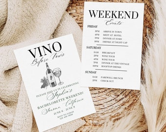Vino Before Vows Bachelorette Party Invitation & Itinerary Template, Wine Tasting Bach Weekend Invite, Vineyard Winery Bachelorette Editable