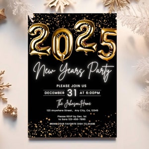 Modello di invito per la festa di Capodanno 2025, invito per la festa di Capodanno con palloncino dorato, invito per la cena di Capodanno modificabile e stampabile