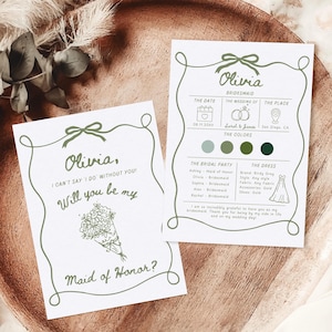 Bridesmaid Proposal Card Template, Hand Drawn Will You Be My Bridesmaid Card, Bow Bridesmaid Maid of Honor Proposal Info Invite Editable