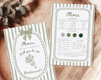 Bridesmaid Proposal Card Template, Hand Drawn Will You Be My Bridesmaid Card, Bow Bridesmaid Maid of Honor Proposal Info Invite Editable