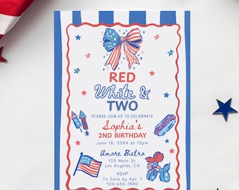 All American 2nd Birthday Party Invitation Template, Red White & Two Birthday Invite, 4th of July Independence Day Second Birthday Invite