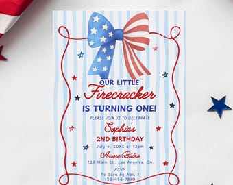 All American 1st Birthday Party Invitation Template, 4th of July Birthday Invite Drawn Little Firecracker Independence Day First Bday Invite